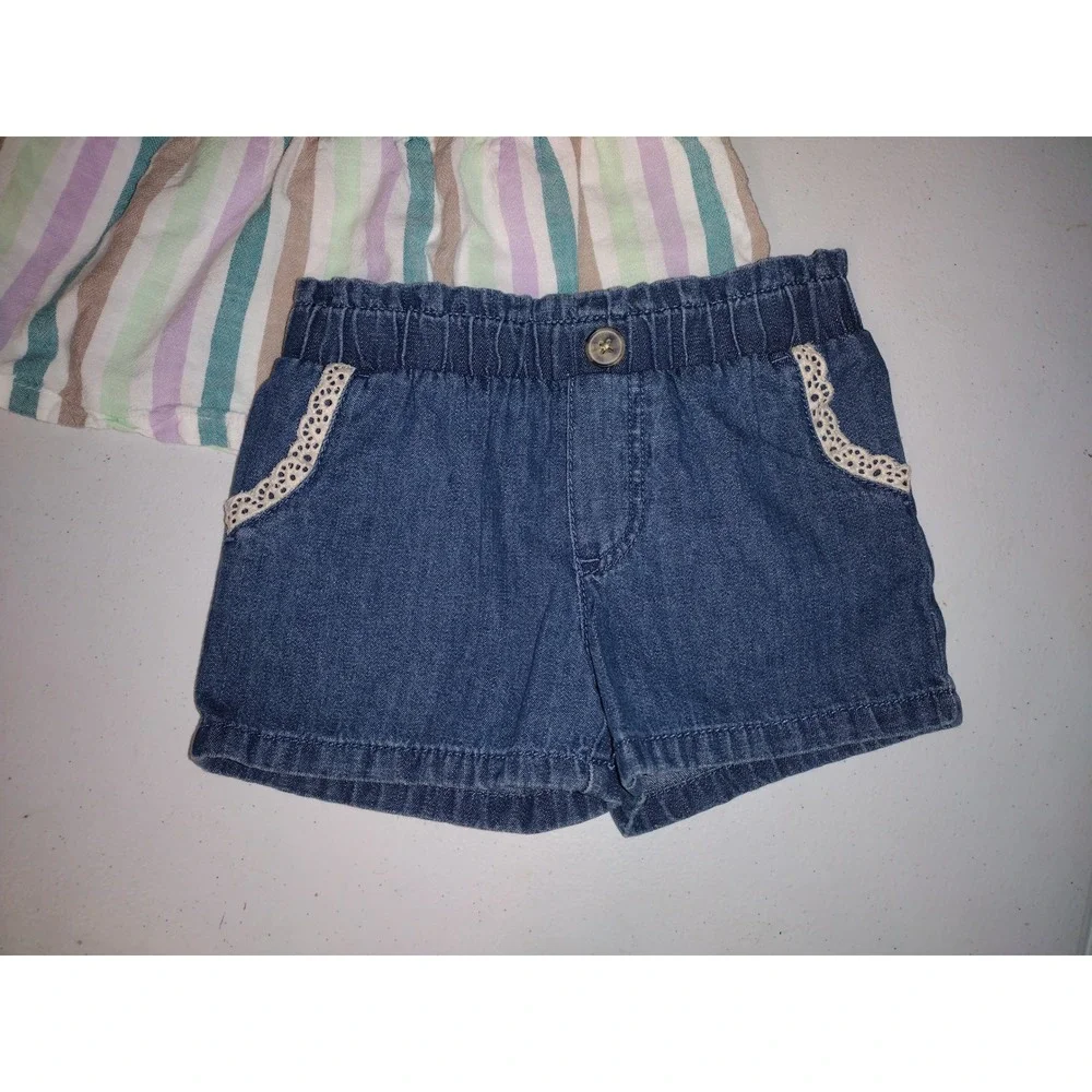 Carters‎ Toddler Girls 4T Striped Peplum Top and Lace Trim Denim Shorts Set